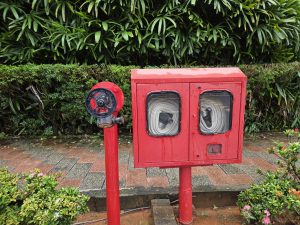 A red fire hose cabinet mounted on a post, with two large transparent windows displaying rolled hoses inside.

