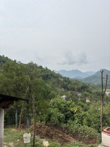 A rural landscape featuring rolling hills and mountains in the distance under a cloudy sky.