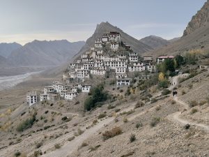 A scenic view of a hillside village with white buildings clustered together, set against a backdrop of rugged mountains.
