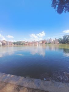 A serene pond surrounded by residential buildings under a clear blue sky with a few fluffy clouds