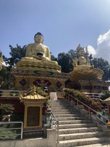 A large golden statue of Buddha seated in a meditative pose is prominently displayed on the left, while another ornate statue, possibly of a deity, is seated to the right