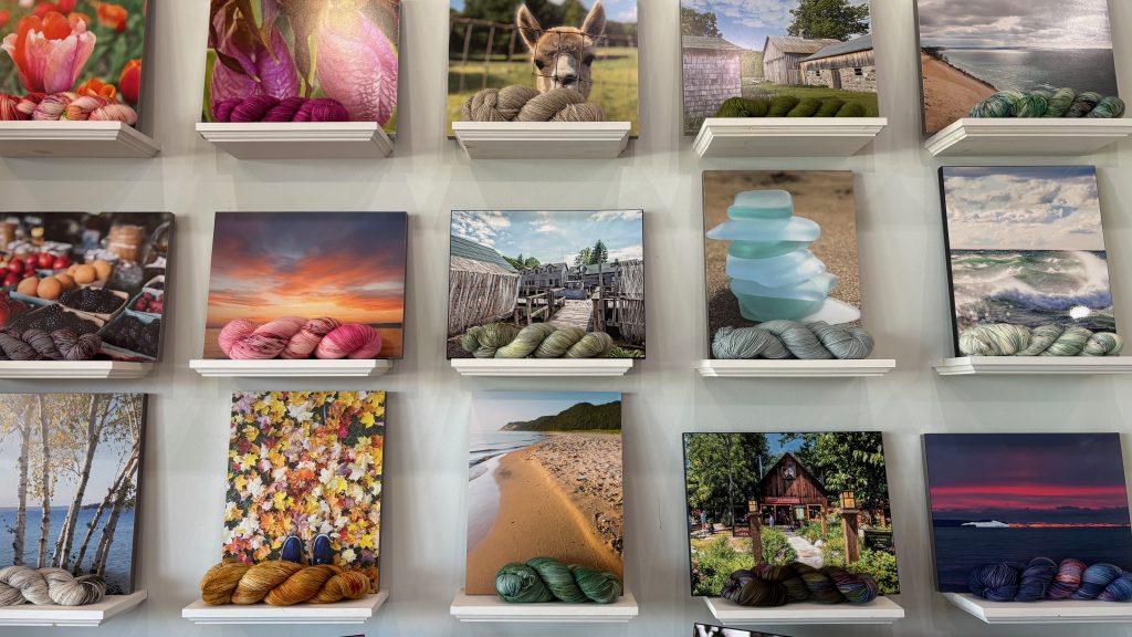 A grid of photos arranged on a wall, under each photo is a skien of yarn made from the colors from that photo.