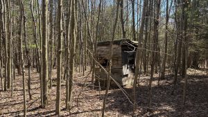 An old deer hunting blind in the forest.  It's made of odd pieces of wood.  It's early spring so the forest has few leaves.