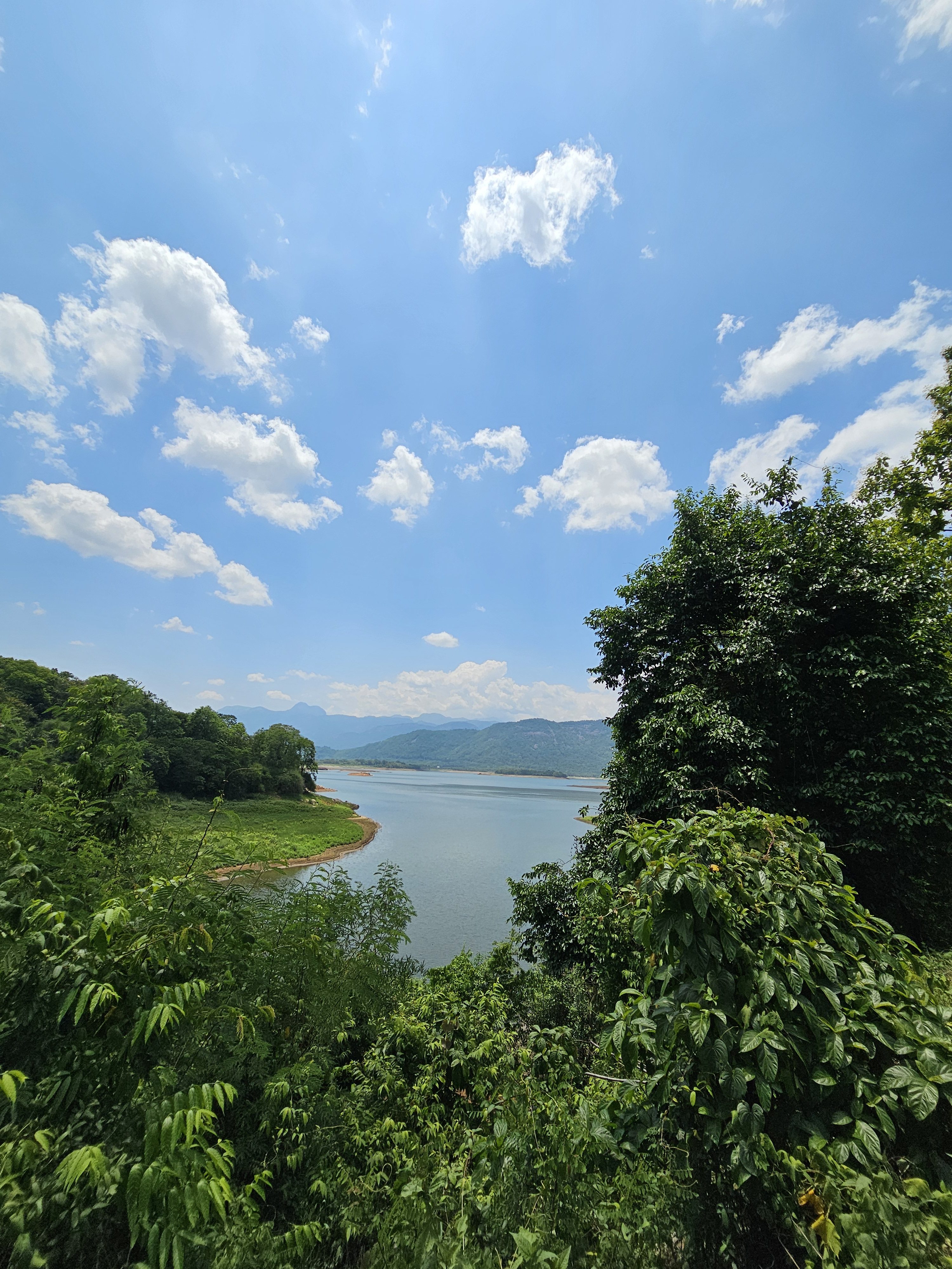 A scenic view of Kanjirapuzha Dam (located in Palakkad, Kerala) surrounded by lush green trees and hills, captured under a bright blue sky dotted with fluffy white clouds. The landscape offers a serene and natural vista, highlighting the beauty of the outdoors.