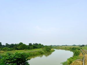 A calm river flows through lush greenery, surrounded by trees and tall grass. In the foreground, the riverbanks are lined with vegetation, while a dirt path runs alongside the water.
