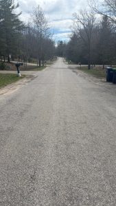 Quiet neighborhood street in the forest.  Some driveways have rubbish bins by the road.