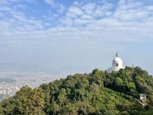 

A white world peace Pagoda stupa stands atop a lush green hill, surrounded by trees. 
