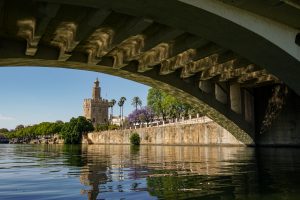 View of Torre del Oro by the Guadalquivir river while passing under San Telmo bridge