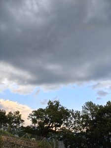 A cloudy sky dominates the upper portion of the image, with dark gray clouds contrasting against lighter blue and pink hues near the horizon.