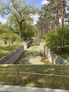 A serene landscape featuring a narrow, dry canal flanked by lush greenery