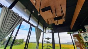 Ceiling shot with minimalist chandelier surrounded by rice paddy.