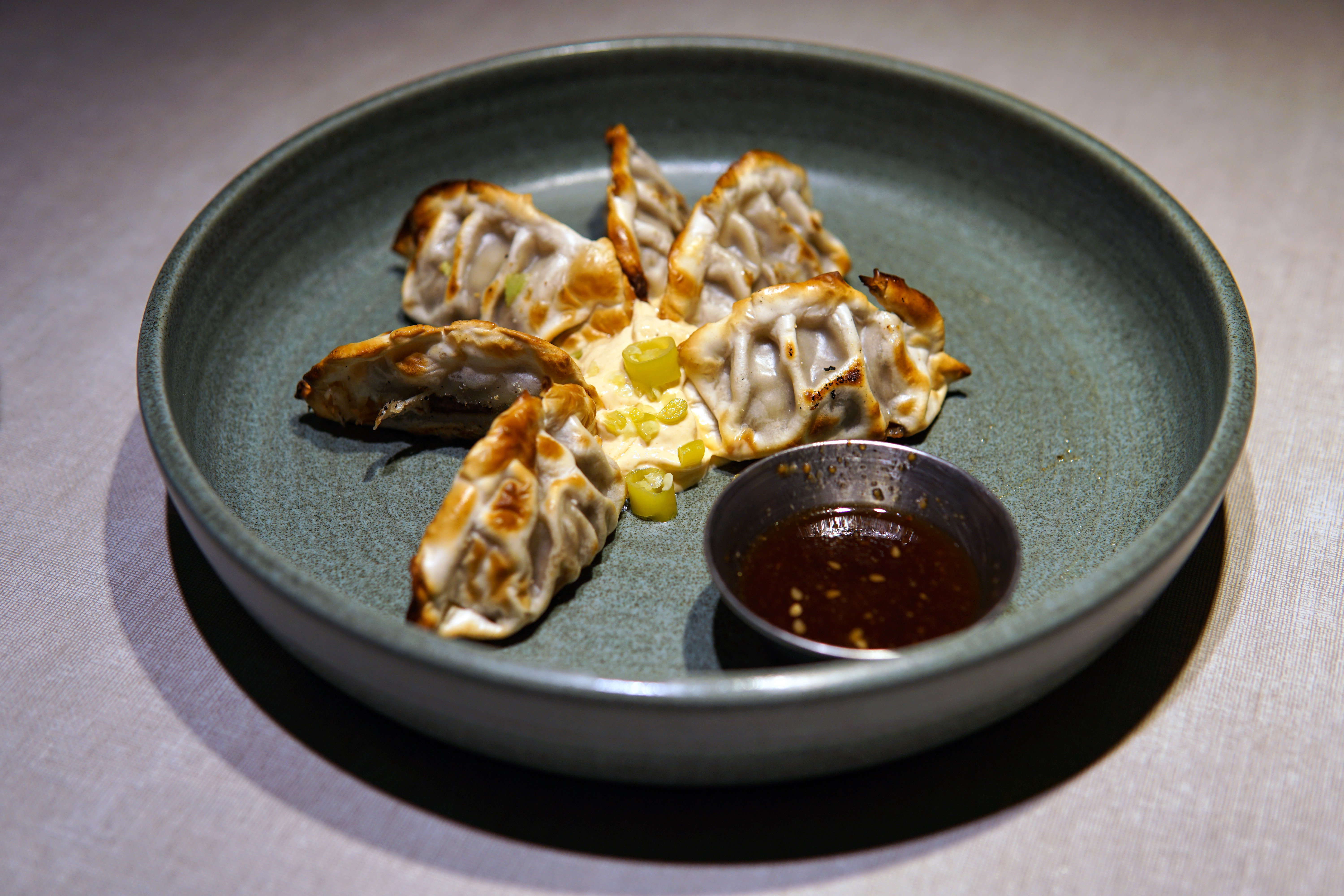 A circular green plate holds several golden-brown pan-fried dumplings arranged in a fan shape around a small bowl of dark dipping sauce.