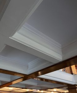 The image shows a portion of an indoor ceiling with decorative molding.