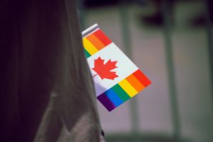 A small Canadian flag with rainbow stripes along the edges is held by someone partially out of frame. 