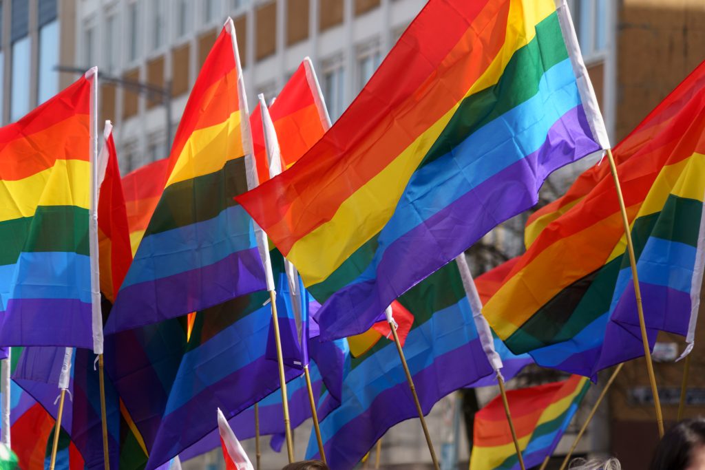 A vibrant outdoor scene showing multiple rainbow-coloured Pride flags waving in the air, symbolising LGBTQ+ pride and diversity, with a backdrop of city buildings.
