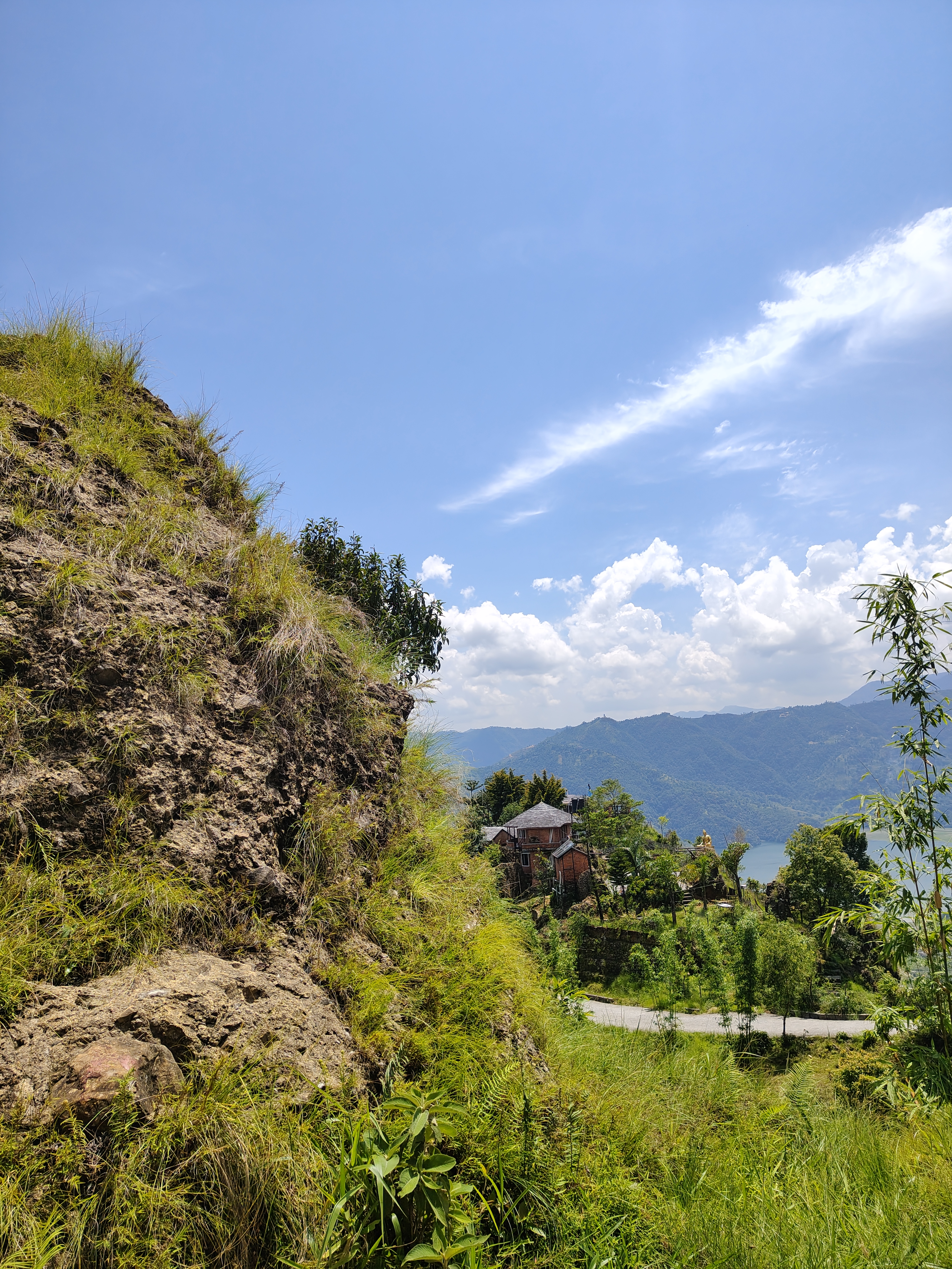 A hillside covered with grass and small plants slopes down to a scenic view of distant mountains and a lake. In the background, a small cluster of houses is visible, surrounded by trees.