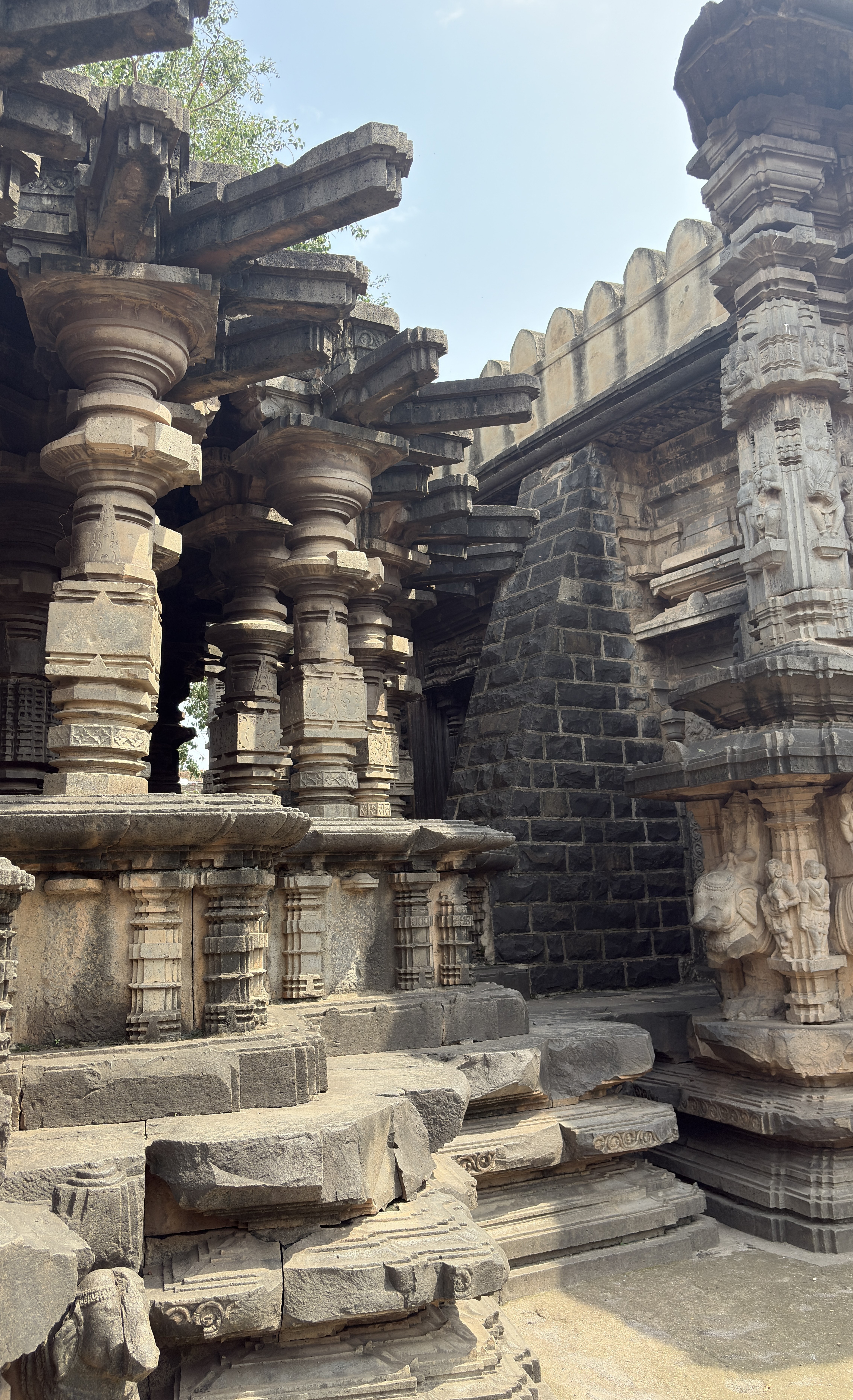 The image showcases an ancient stone structure featuring intricately carved columns and walls.