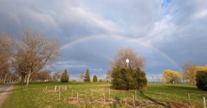 A rainbow in a cloudy sky over a park by the St. Lawrence River - Montreal, Canada.