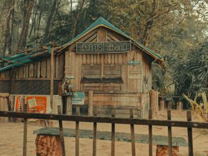 A rustic wooden hut with a blue tarp roof stands in a dry natural setting, featuring a non-English sign and a wooden fence in the foreground.