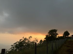 A tranquil landscape at sunset, featuring a fence along a hillside. In the foreground, there are bushes and trees, while the background showcases a gradient sky in shades of gray and orange, indicating the sun is setting just beyond the horizon.