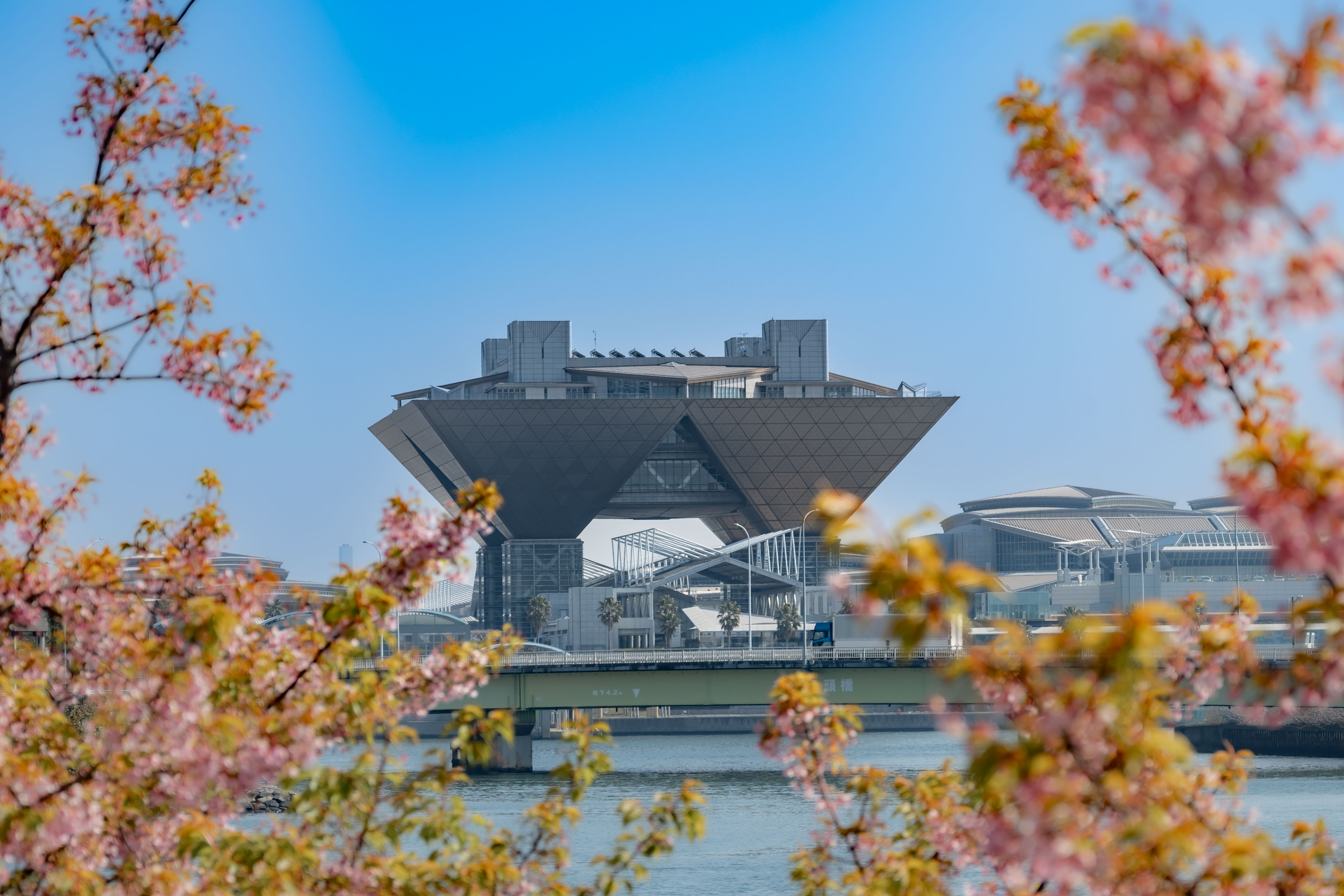 Tokyo Big Sight stands tall under a blue sky, framed by cherry blossoms in pink and green, with Ariake Pier Bridge and Tokyo Bay in the foreground.