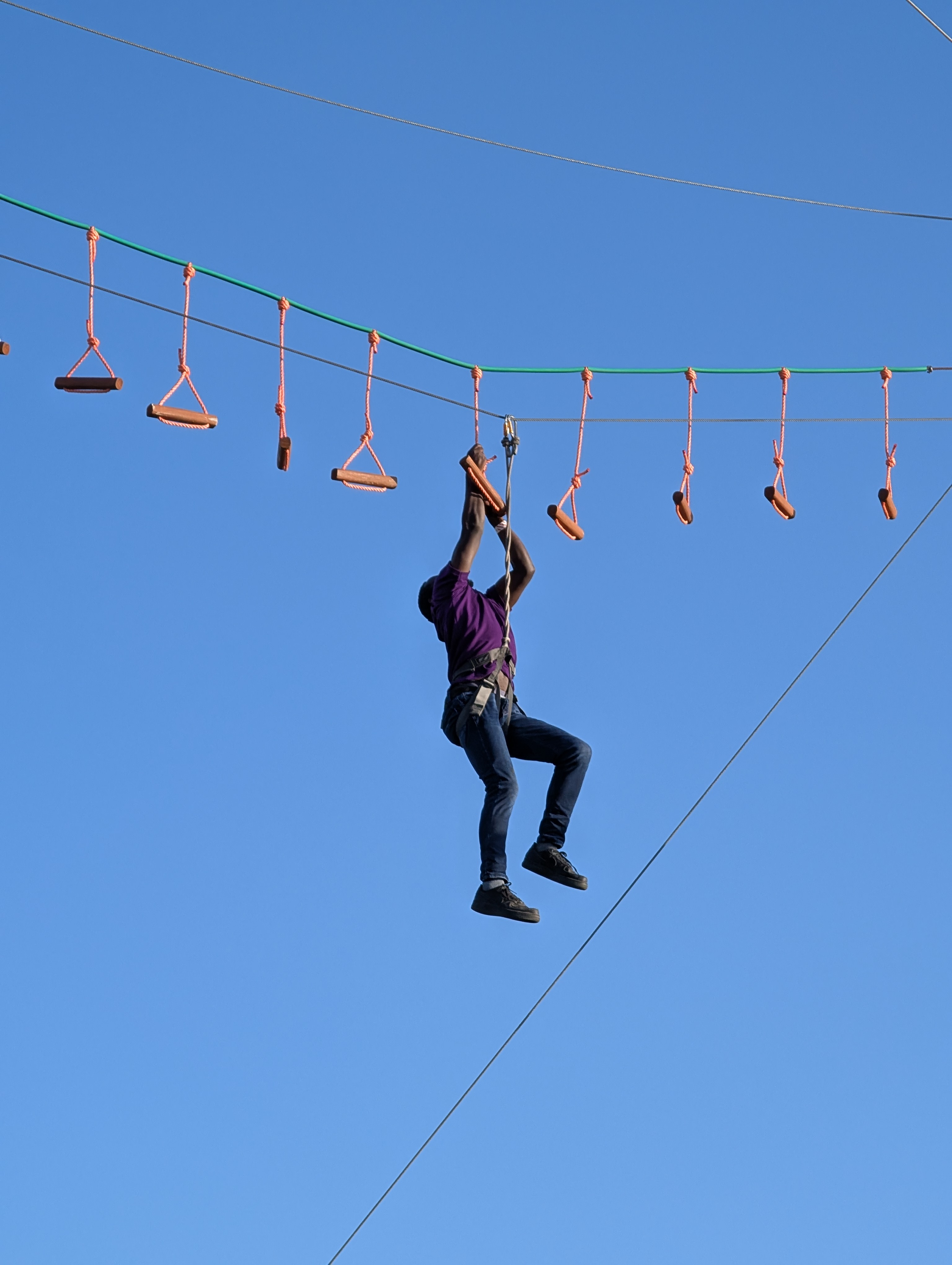 A person is hanging from a harness attached to a rope, navigating across a series of orange handles suspended in the air against a clear blue sky. The individual is wearing a purple shirt and jeans, demonstrating an adventurous activity, possibly a high ropes course.