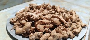 A large pile of fresh ginger roots, light brown in color, spread out on a round, light-colored metal tray or platter.

