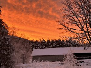 A breathtaking winter landscape featuring a vibrant orange and pink sky during sunrise.
