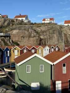 Vibrant wooden huts line the base of a rugged cliff, beautifully capturing the charm of the Swedish coastal landscape.