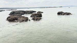 The image shows a serene coastal landscape with several rocky formations partially submerged in calm, clear water. 