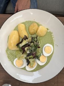 A traditional plate of German green sauce (Grüne Soße) served with halved hard-boiled eggs, boiled potatoes, and a small mixed green salad, all beautifully arranged on a white plate.