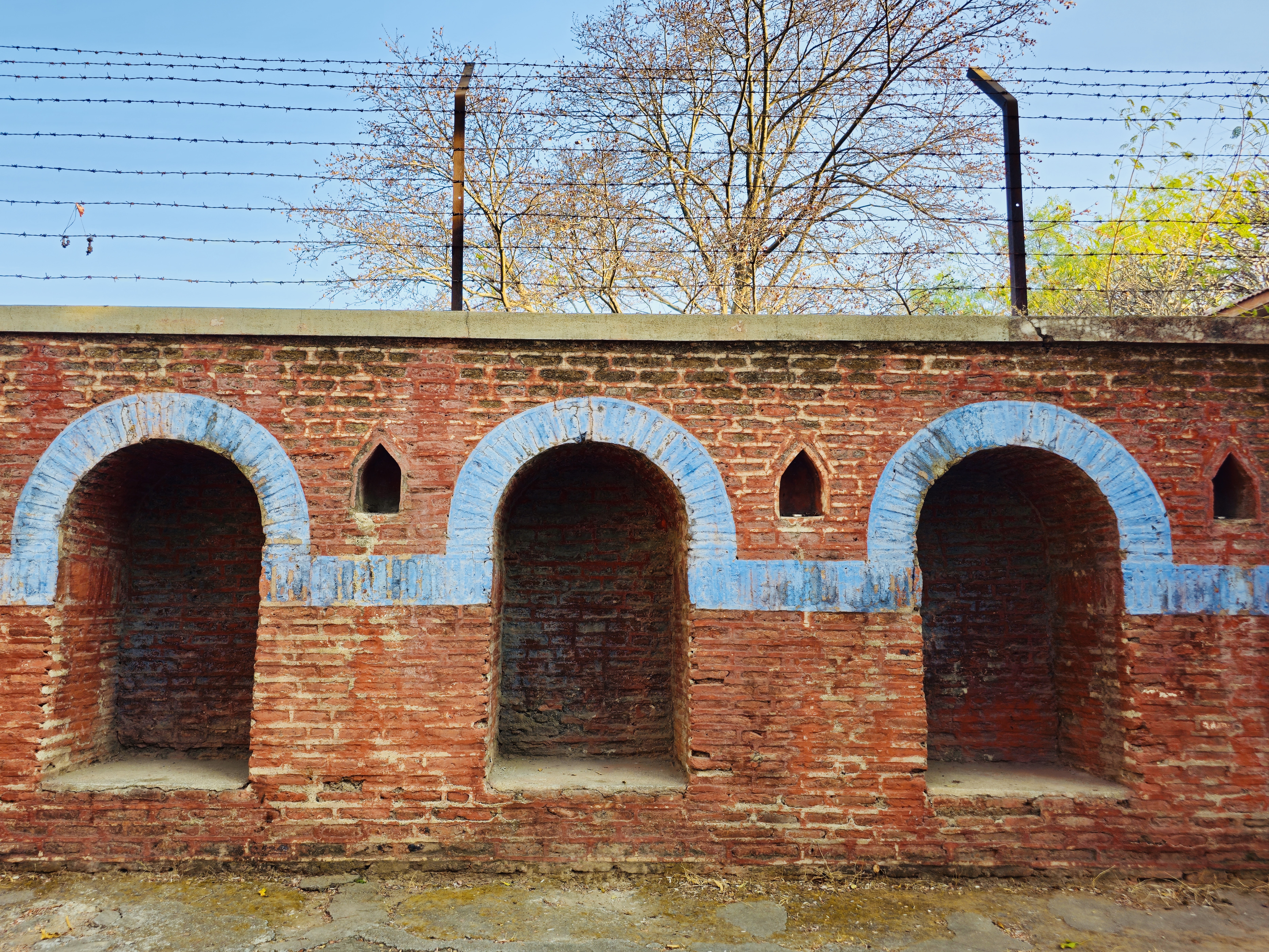 Brick wall with three blue-trimmed arches and barbed wire on top, with a tree in the background. Captured at Parvati Hill, Pune.