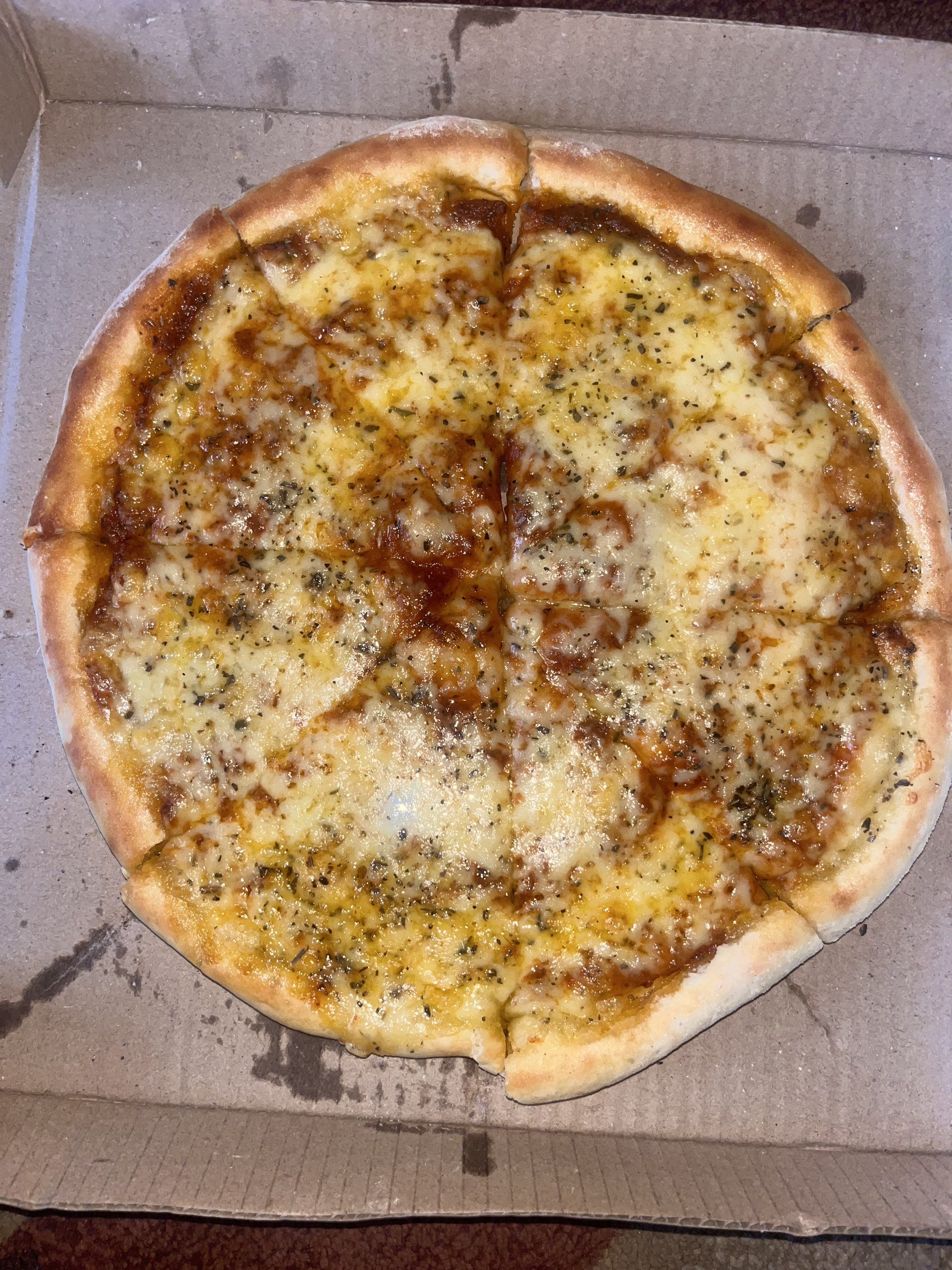 A freshly baked pizza with a golden-brown crust, topped with a layer of melted cheese and sprinkled with herbs, is placed inside a cardboard pizza box.