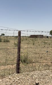 A barbed wire fence stretches across a dry, grassy landscape under a clear blue sky.