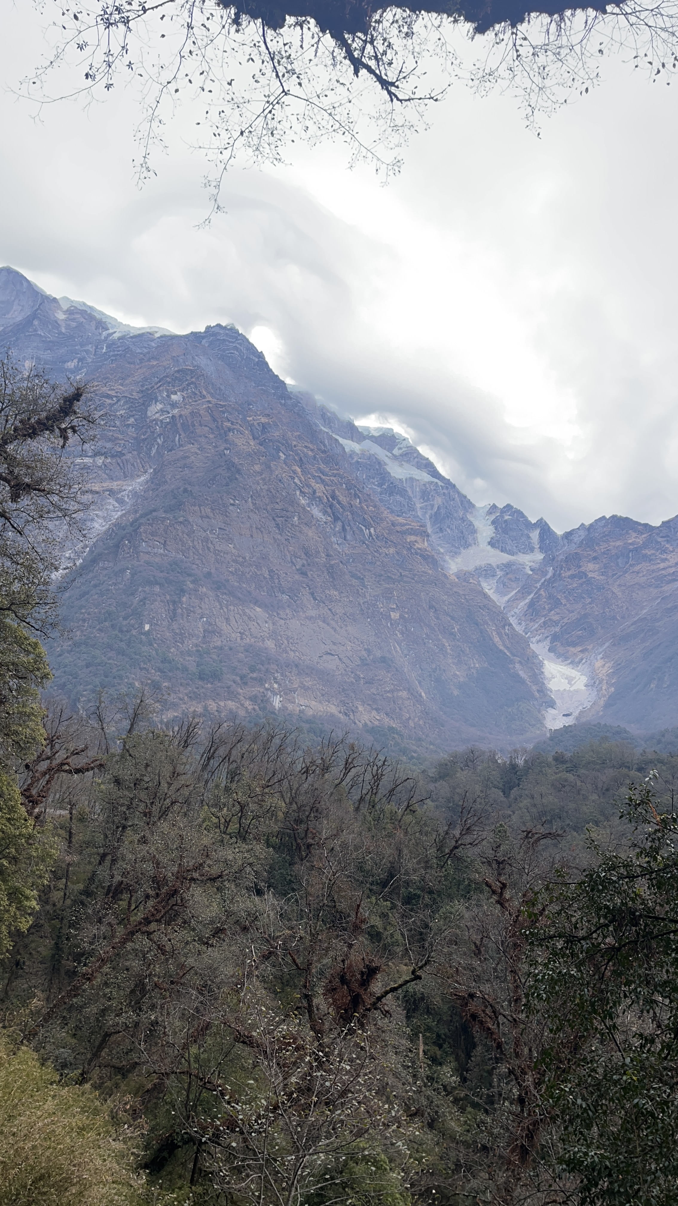 A rugged mountain landscape under a cloudy sky, featuring steep cliffs with rocky surfaces and patches of ice. In the foreground, a mix of leafless trees and greenery can be seen, while the mountain's summit is partially shrouded by clouds.