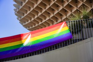 A colorful rainbow flag is draped over a railing, with a modern building structure visible above it. The background shows a clear blue sky, and there are small plants partially visible on the ledge beside the flag.
