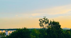 A panoramic view of a landscape during sunset, featuring lush greenery in the foreground, with trees and shrubs surrounding a cluster of modern white buildings. In the background, a city skyline is faintly visible against a pastel-colored sky that transitions from blue to warm tones of orange and yellow.
