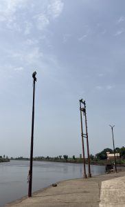 

A riverbank scene featuring two metal poles, one with a  floodlights attached at the top.