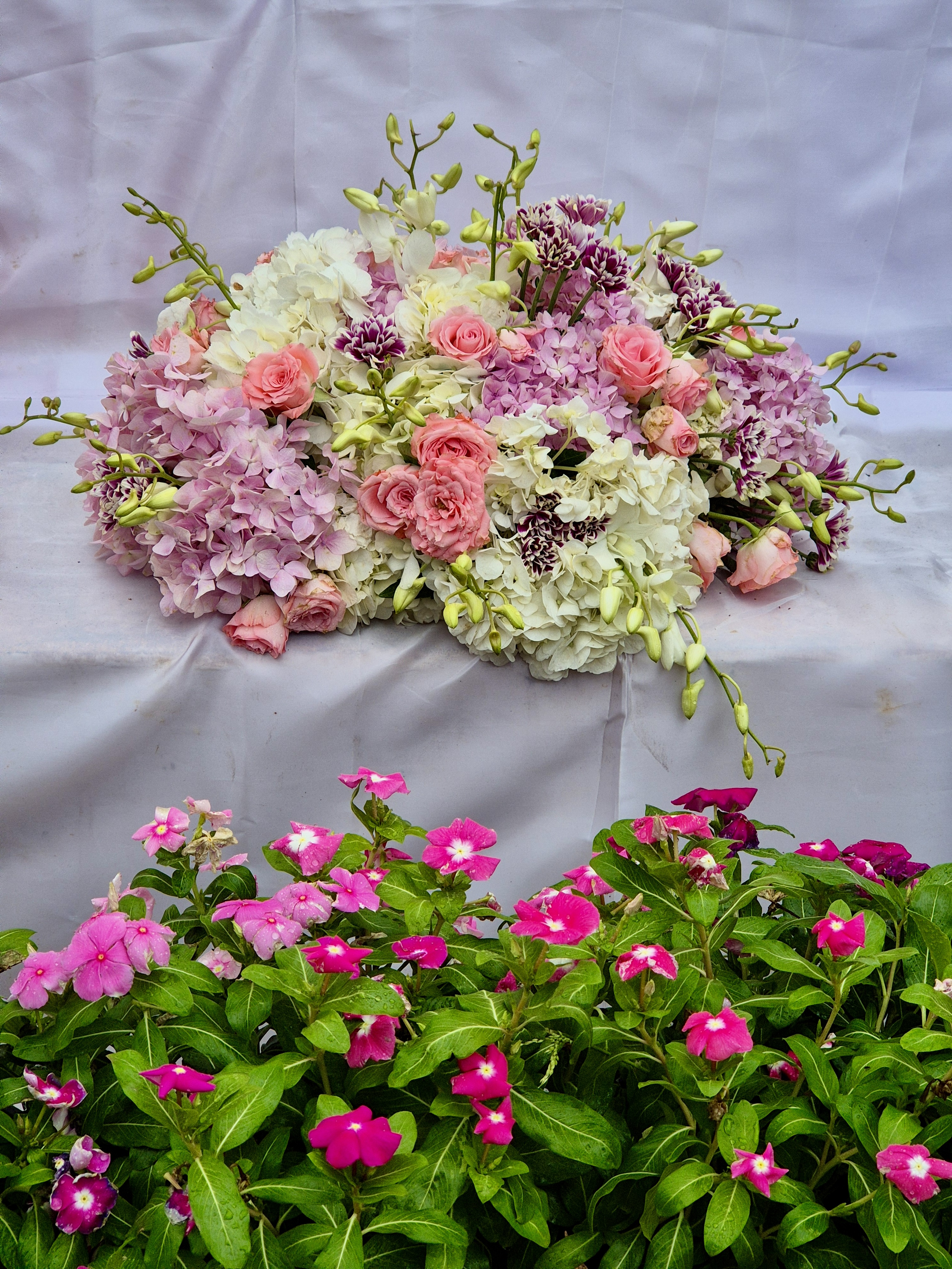 A floral arrangement featuring pink and white roses and other flowers is placed above a bed of pink periwinkle flowers. The arrangement is displayed on a white surface, creating a vibrant contrast. Captured from the Government Botanical Garden, Ooty, Tamil Nadu.