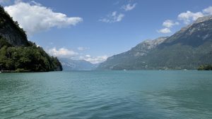 A serene landscape featuring the calm, turquoise waters of Lake Brienz, Switzerland, surrounded by lush green mountains.
