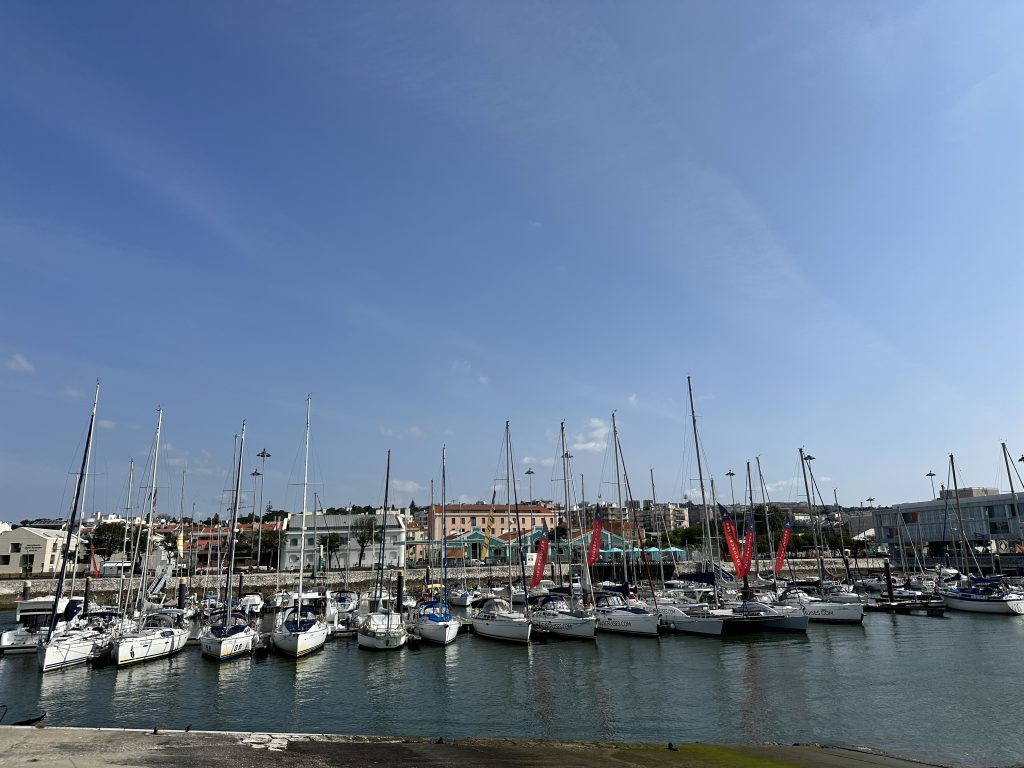 A row of elegant sailboats gently rests in the marina under a clear blue sky, with the charming coastal town of Lisbon forming a colourful backdrop to this peaceful waterfront scene.