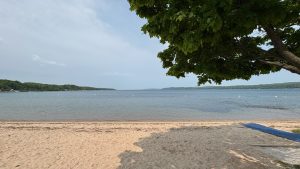 A sandy beach in front of a swimming area enclosed by bouys on a small lake. There are green hills visible on the far side and a leafy tree on the right.
