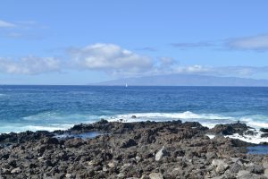 Volcanic rocks line the coast as gentle waves roll in, with a distant island on the horizon under a blue sky. Taken in Tenerife, Spain.