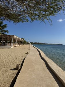 A path along a sunny beach with a building and ocean.
