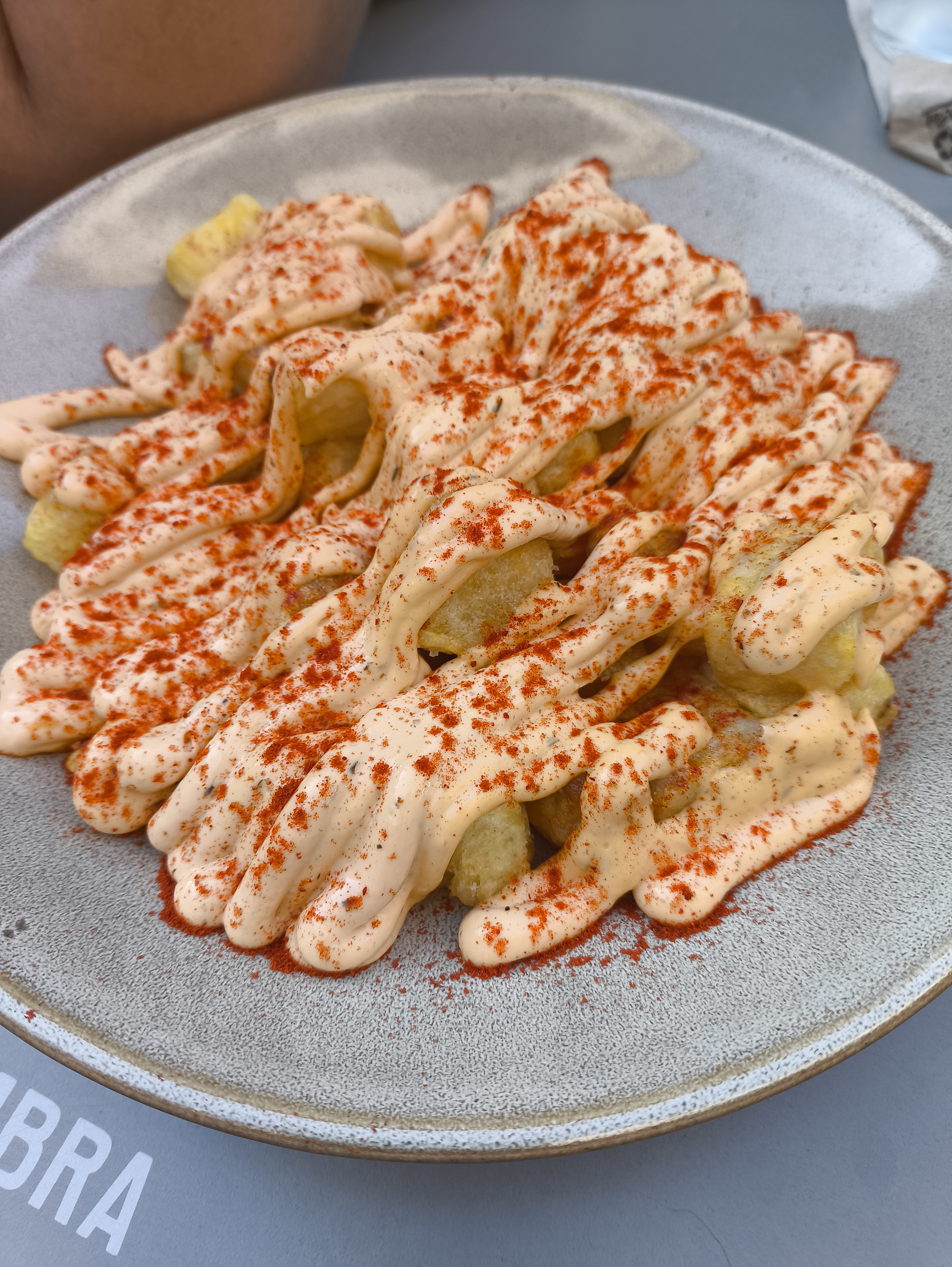 A close-up view of a plate of Patatas Bravas crispy potato chips or fries topped with a creamy sauce and a generous dusting of paprika.