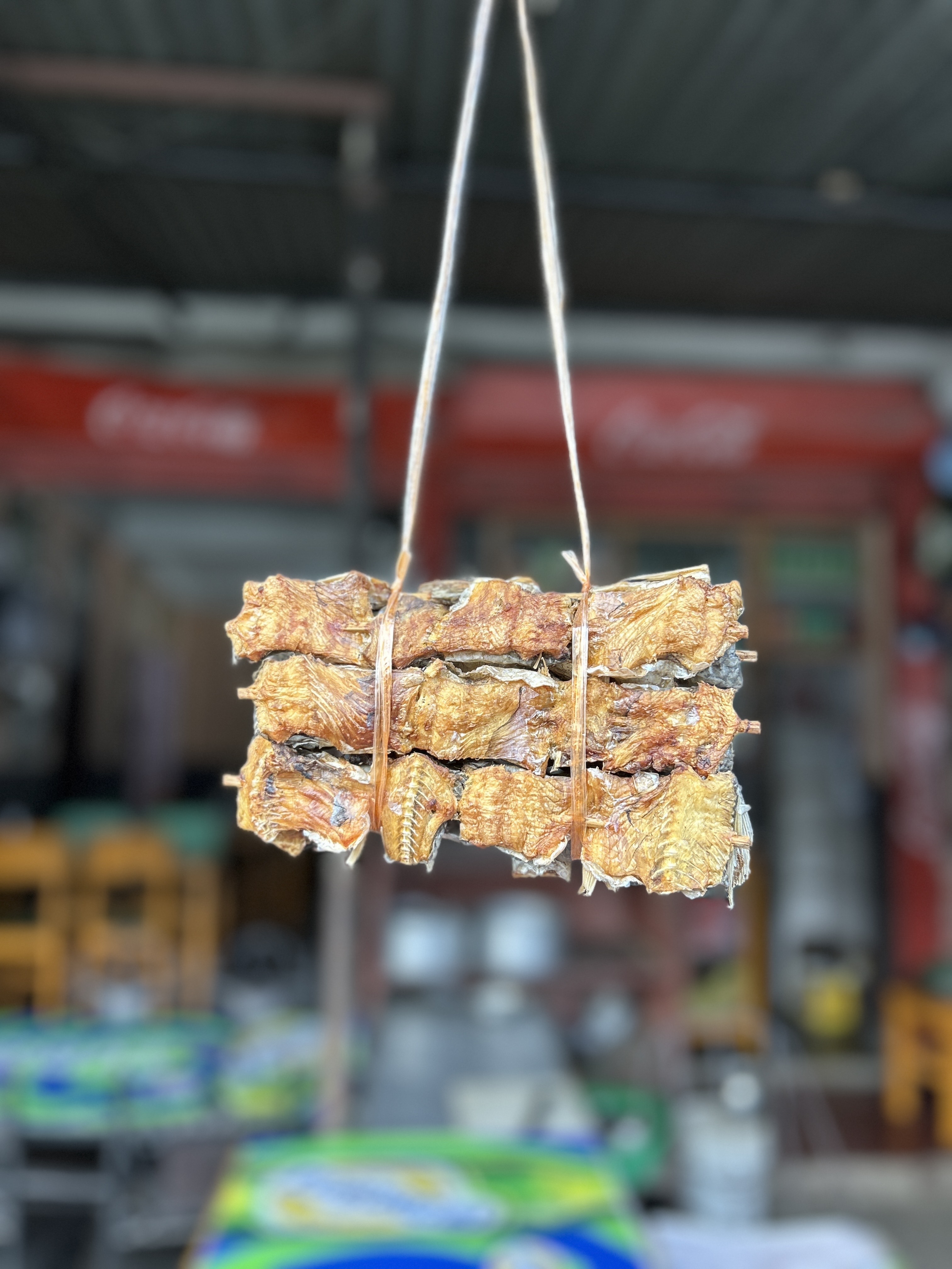 A bundle of dried fish, neatly tied and hanging from a string.