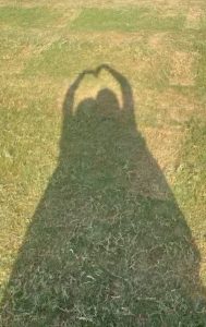 Heart-shaped hand shadow on grass, formed by two people next to each other, one arm per side of the heart.