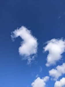 A clear blue sky with fluffy white clouds drifting peacefully overhead on a sunny day
