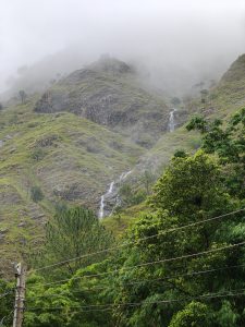 A lush mountainous landscape shrouded in mist, with gentle slopes covered in vibrant green grass and small trees