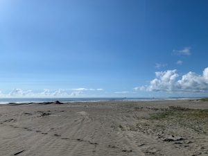 A sandy beach under a clear blue sky with wispy clouds, located in Shirako-cho, Chiba, Japan.